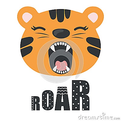 Cute cartoon tiger with open mouth roaring. Illustration for prints, kids cards, poster, t-shirts. Vector illustration. Greeting Vector Illustration