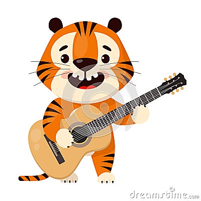 Cute cartoon tiger plays acoustic guitar, vector illustration isolated on white background Vector Illustration