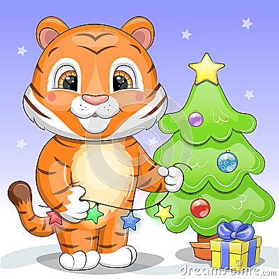 Cute cartoon tiger with star light garland, christmas tree and gift. Vector Illustration