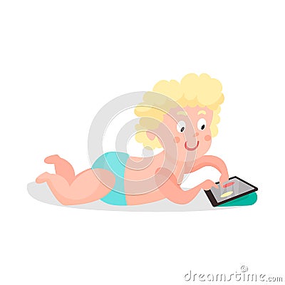 Cute cartoon toddler boy in a diaper lying on the floor and playing using tablet colorful character Illustration Stock Photo