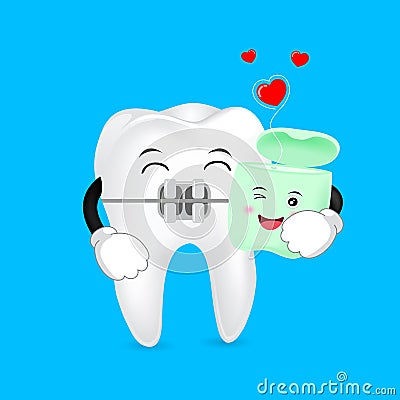 Cute cartoon tooth brace with dental floss. Vector Illustration