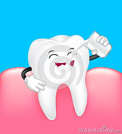 Cute cartoon tooth character drinking milk with gum. Vector Illustration