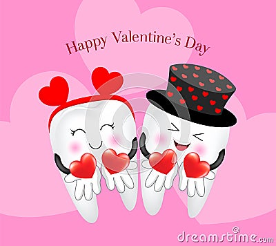 Cute cartoon tooth character with heart. Vector Illustration