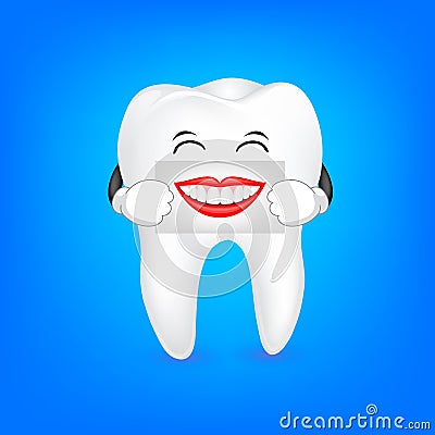 Cute cartoon tooth character holding the human mouth on the sheet of paper over the mouth. Vector Illustration