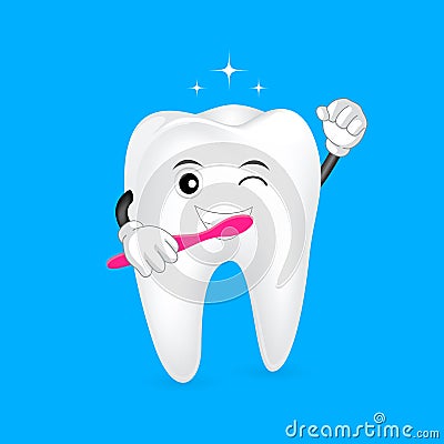 Cute cartoon tooth character holding toothbrush. Vector Illustration