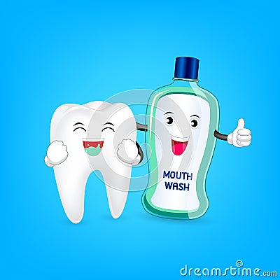 Cute cartoon tooth cleaning mouth by mouthwash. Vector Illustration