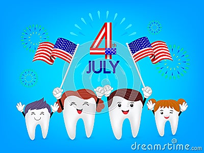 Cute cartoon tooth family waving american flag. Vector Illustration