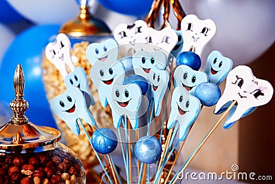 cute cartoon tooth feel happy with happy birthday. Stock Photo