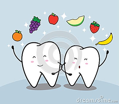 Cute cartoon tooth and fruit Vector Illustration