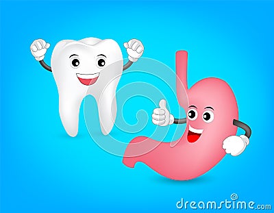 Cute cartoon tooth with healthy stomach. Vector Illustration