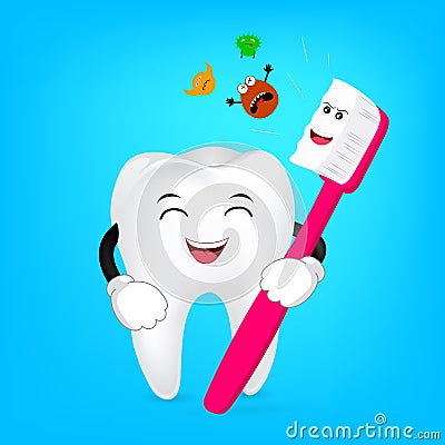 Cute cartoon tooth with toothbrush. Vector Illustration