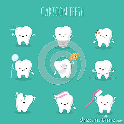 Cute cartoon tooth vector set. Baby teeth health and hygiene icons Vector Illustration