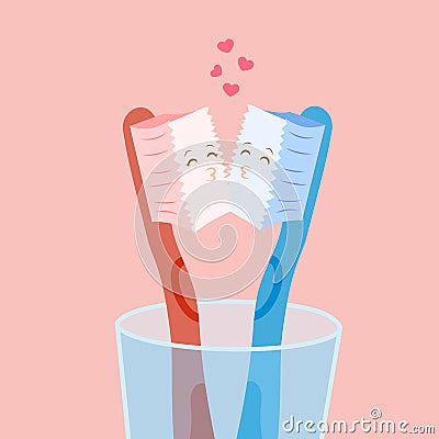 Cute cartoon toothbrush kiss Vector Illustration