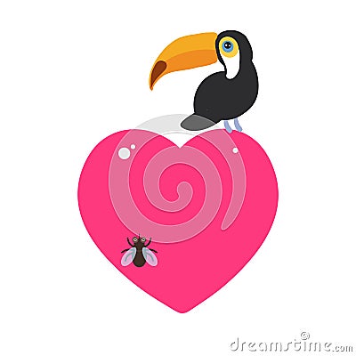 Cute Cartoon toucan bird and the fly Card design with a funny animal with pink heart on a white background. Vector Vector Illustration