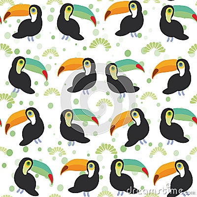 Cute Cartoon toucan birds set on white background, seamless pattern. Vector Vector Illustration