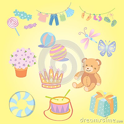 Cute cartoon toys for kids element set Vector Illustration