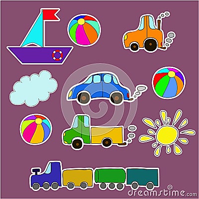 Cute cartoon toys stickers on a violet background Stock Photo