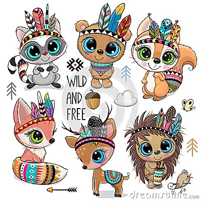 Cute Cartoon tribal animals with feathers isolated on white backround Vector Illustration