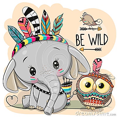 Cartoon tribal Elephant and owl with feathers Vector Illustration