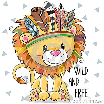 Cute Cartoon tribal Lion with feathers Vector Illustration