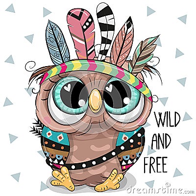 Cute Cartoon tribal Owl with feathers Vector Illustration