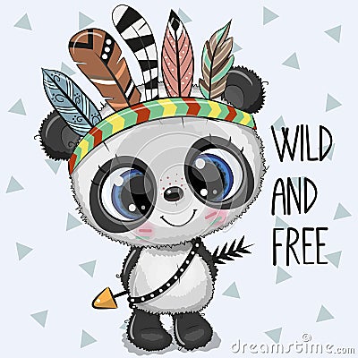 Cute Cartoon tribal Panda with feathers Vector Illustration