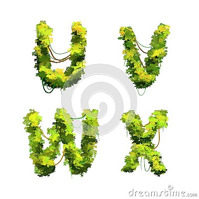 Cute cartoon tropical vines and bushes font on white, U V W X glyphs Vector Illustration