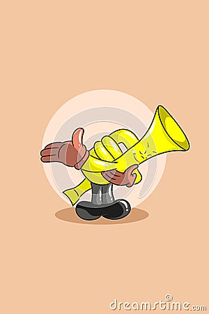 Cute cartoon trumpet with hand character design illustration Vector Illustration