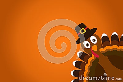 Cute Cartoon Turkey Pilgrim with hat on orange gradient background Thanksgiving poster. Stock Photo