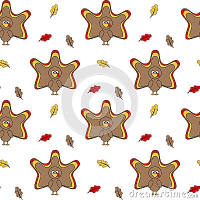 Cute cartoon turkey seamless pattern background illustration with leaves Vector Illustration