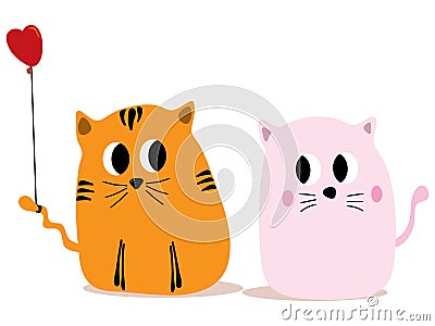 Cute cartoon with two cats with romantic mood, boy cat use tail to hold small heart shape balloon, looking at girl pink cat, Stock Photo