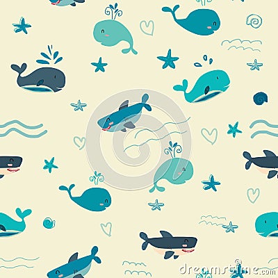 Cute cartoon under blue water animal life pattern seamless background Vector Illustration