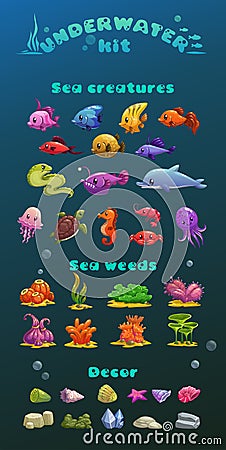 Cute cartoon underwater icons set Vector Illustration