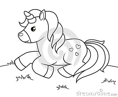 Cute cartoon unicorn. Black and white vector illustration for coloring book Vector Illustration