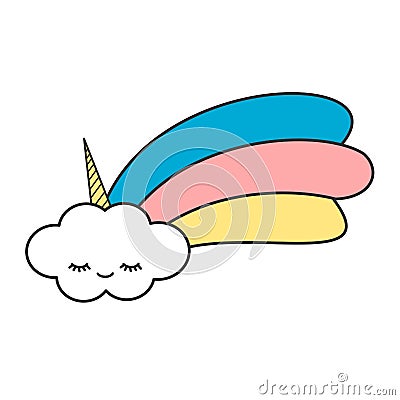 Cute cartoon unicorn cloud with rainbow funny illustration Vector Illustration