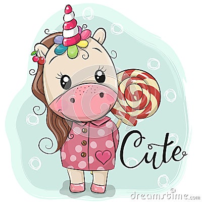 Cute Unicorn in coat and with Lollipop Vector Illustration