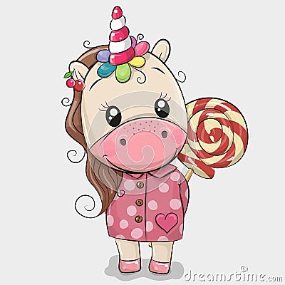 Cute Unicorn in coat and with Lollipop Vector Illustration
