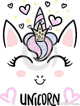 Cute cartoon unicorn with a crown. Vector Vector Illustration