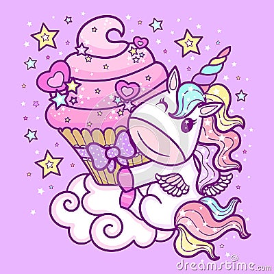 Cute cartoon unicorn with a cupcake on a cloud. Fantasy animal. Children's illustration. Vector. Cartoon Illustration