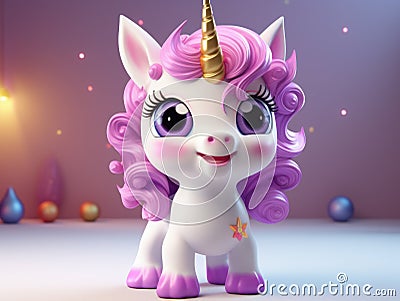 A cute cartoon unicorn figurine stands on a gift box on a pink background. Gifts for the girl on a holiday Stock Photo