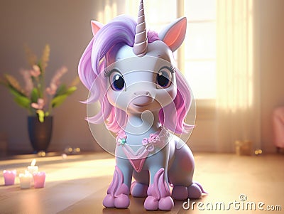 A cute cartoon unicorn figurine stands on a gift box on a pink background. Gifts for the girl on a holiday Stock Photo