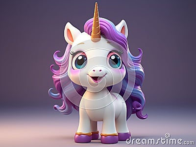 A cute cartoon unicorn figurine stands on a gift box on a pink background. Gifts for the girl on a holiday Stock Photo