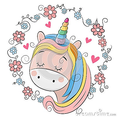 Cute Cartoon Unicorn with flowers Vector Illustration