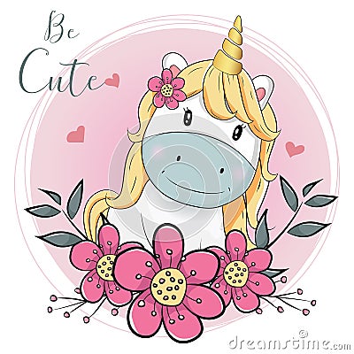 Cute cartoon unicorn with flowers with pink background Vector Illustration