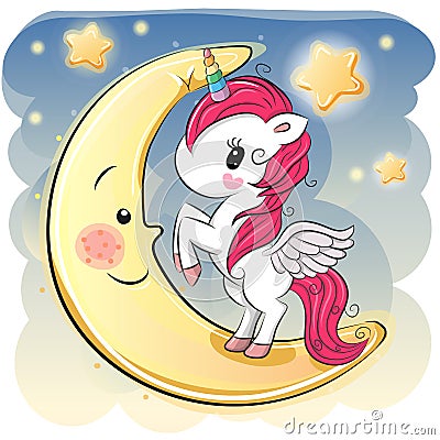 Cartoon Unicorn girl on the moon Vector Illustration