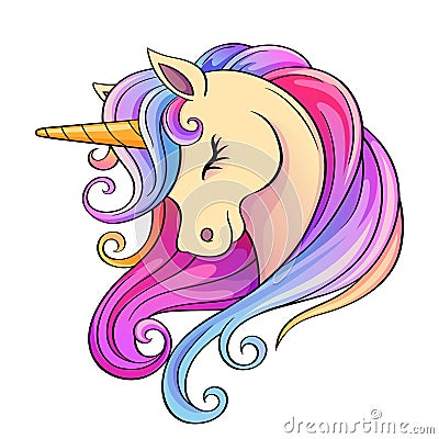 Cute cartoon unicorn head with rainbow mane Vector Illustration