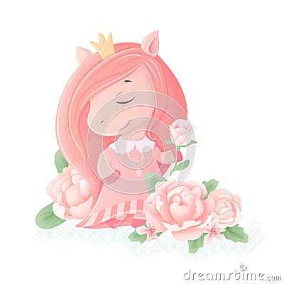 Cute cartoon unicorn pony princess fairytale with peony flowers Vector Illustration