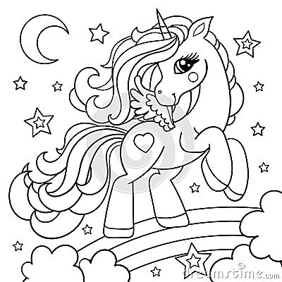 Cute cartoon unicorn on a rainbow. Black and white, linear, image. Vector Vector Illustration