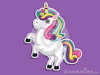 Cute Cartoon Unicorn Sticker. Vector art illustration with happy animal cartoon characters Vector Illustration