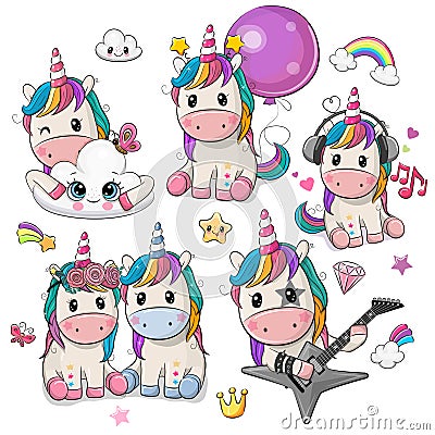 Cute Cartoon Unicorns isolated on a white background Vector Illustration